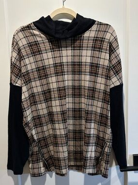 cleo Beige and Black Plaid Turtleneck Sweater